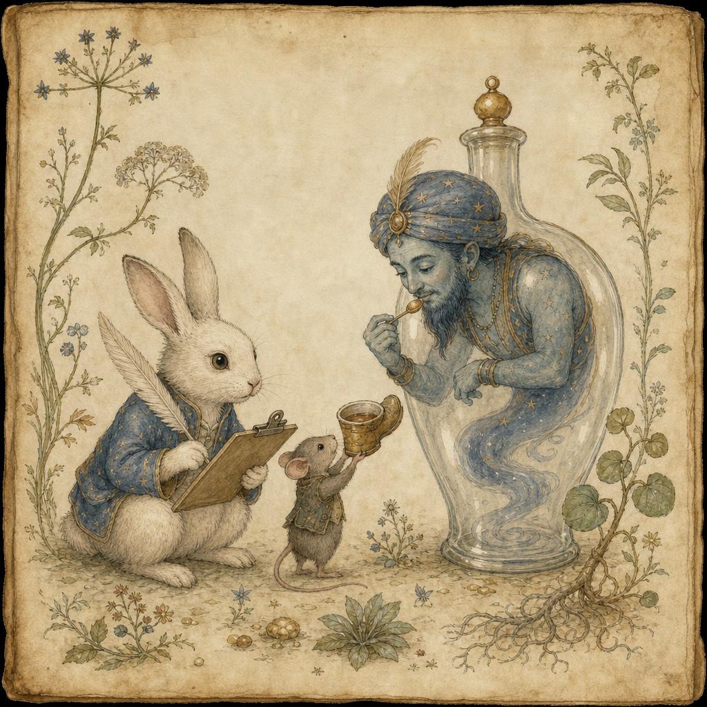 Arbiflo offers the enclosed tea to Genie while Aya records the experiment on a clipboard